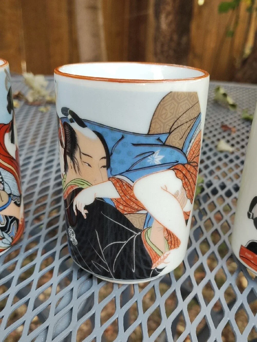 Vintage Porcelain Ukiyo-e Style Sake Mug Cups - Set of 3